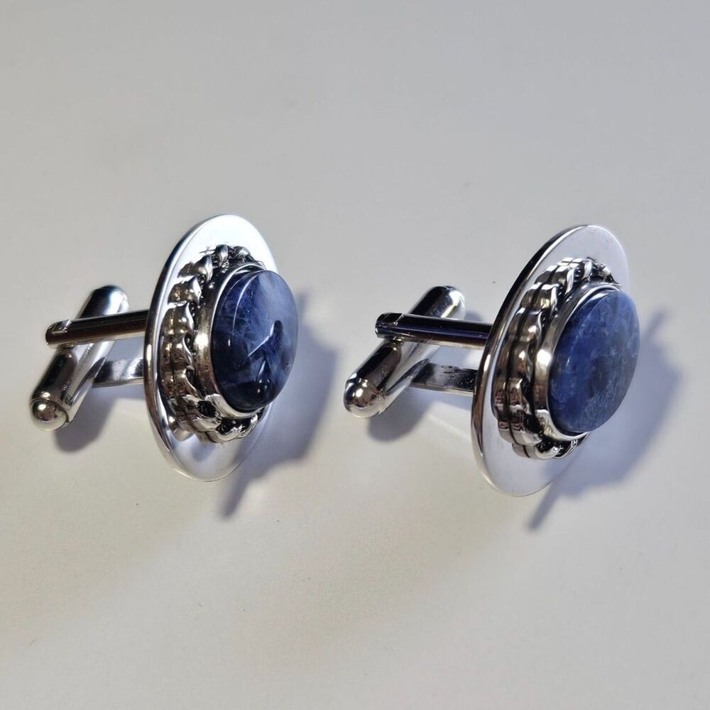 Silver Tone Oval Blue Sodalite Vintage Cufflinks